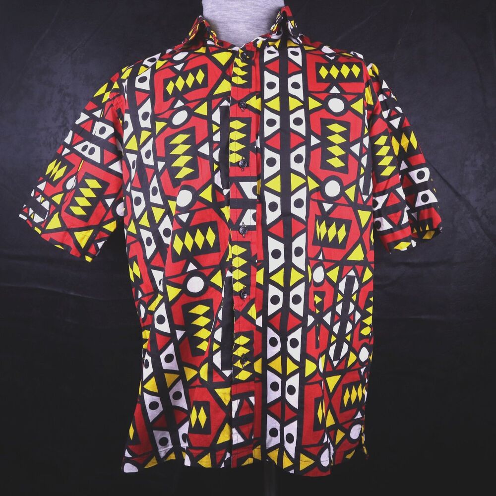 African Wax Print Button up Men's Boho Festival Tribal Shirt Authentic L Indie